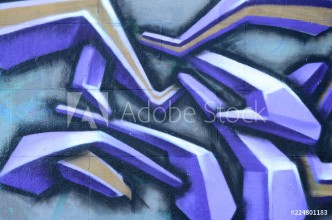 Afbeeldingen van Fragment of graffiti drawings The old wall decorated with paint stains in the style of street art culture Colored background texture in purple tones